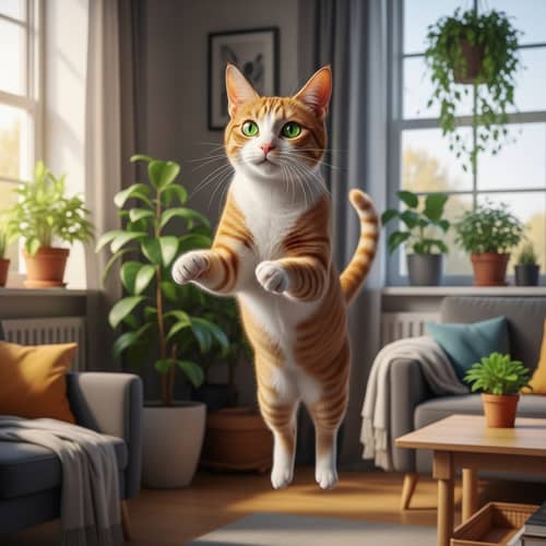 Orange and White Domestic Shorthair Cat in Mid-Leap