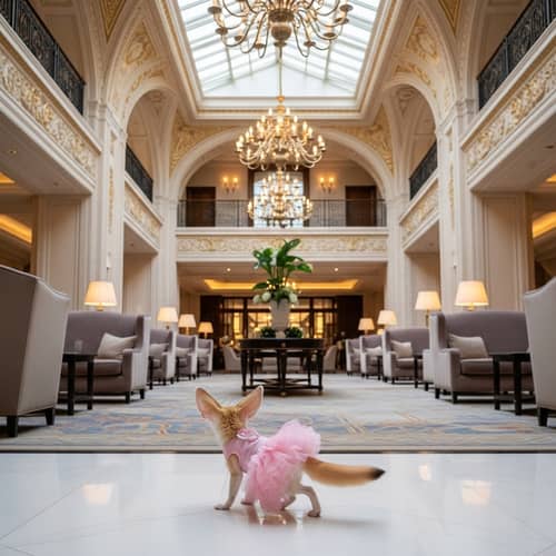 Adorable Fennec Fox in Pink Tutu at Luxurious Hotel