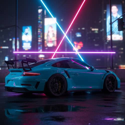 Turquoise Blue Porsche 911 GT3 RS in Neon Lights