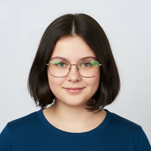 Young Caucasian Girl with Bob Cut and Green Eyes | Square Glasses