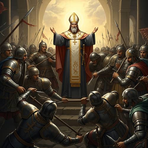 Epic Battle Scene Led by Religious Figure Against Dark Forces
