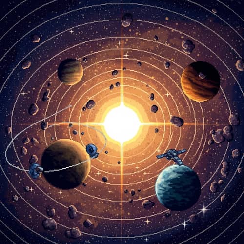 Cosmic Star System Pixel Art: Stardust, Planets, Radiant Star