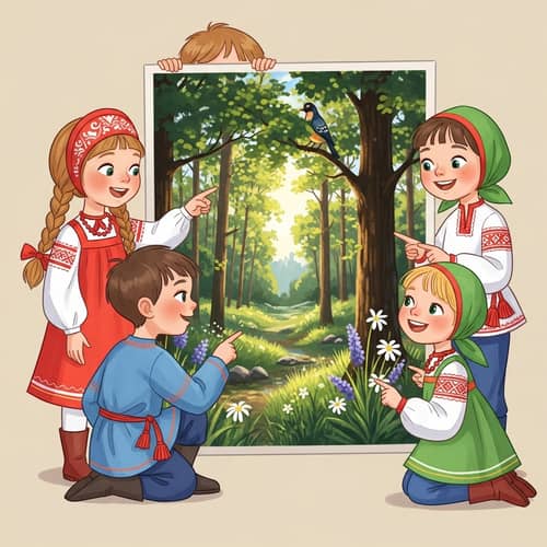 Bright and Cheeful Slavic Preschool Children Studying a Forest Photo
