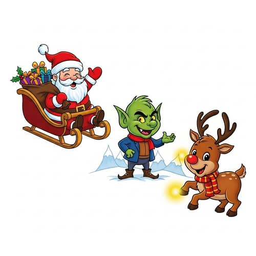Iconic Festive Figures: Jolly Man, Impish Creature and Glowing Reindeer