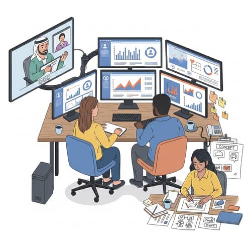 Diverse Team Manages Social Media Marketing Data | Company Name