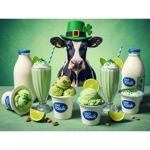 Whimsical Cow in Leprechaun Hat surrounded by Green Dairy Products