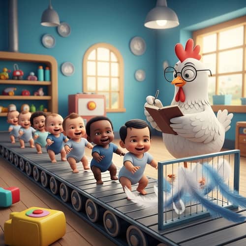 Adorable Laughing Babies from Various Cultures in Whimsical Toy Factory
