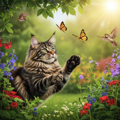 Playful Maine Coon Cat Chasing Butterflies in Garden