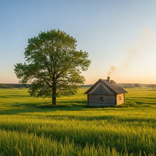 Tranquil Meadow and Cozy Cabin at Sunset