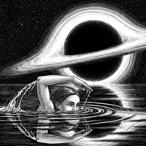 Courageous Young Girl Swimming Towards Colossal Black Hole