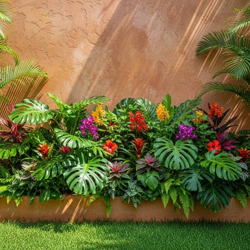Tropical Garden Planter with Exotic Plants and Colorful Flowers
