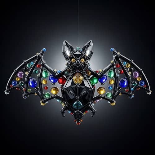 Glossy Black Crystal Bat with Glass Bead Adornments