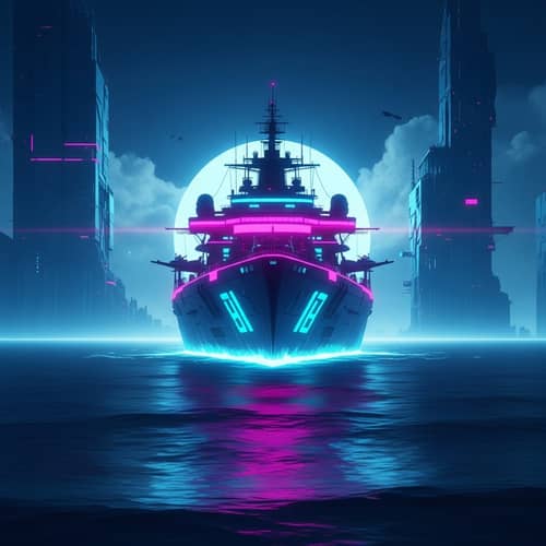 Neon Cyberpunk Ship in Futuristic Seascape