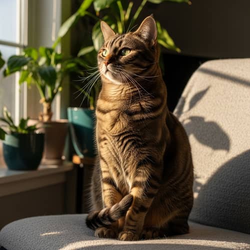 Glossy Fur Cat in Sunlight - Domestic Setting Scene