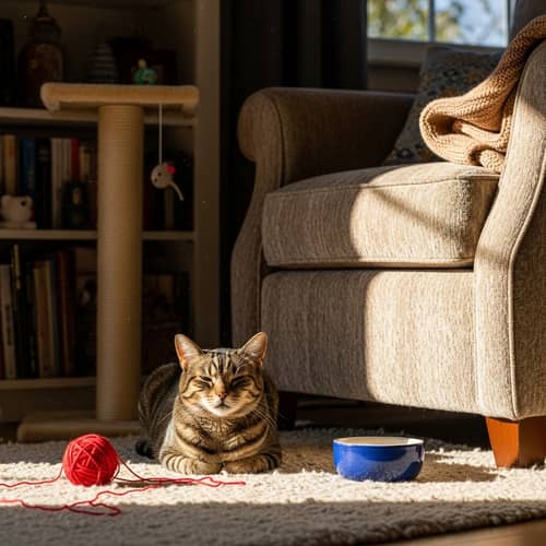 Cozy Cat in Warm Room with Water Bowl and Yarn - Comfortable Life