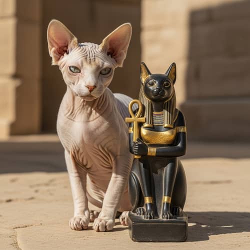Sphinx Cat Beside Bastet: Ancient Egyptian Deity Statue Scene