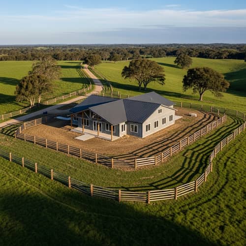 Breathtaking Aerial View of Post Frame Building Wrapped in Rustic Wooden Fence