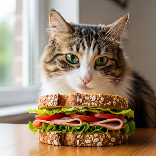 Captivated Brown and White Cat with Homemade Sandwich