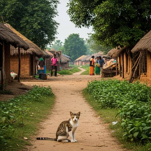Authentic Indian Village Scene with an Enigmatic Cat