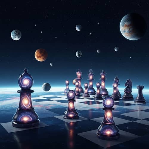 Cosmic Chessboard in Space: Celestial Chess Pieces Art