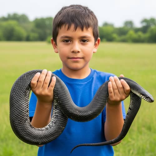 Hispanic Boy Holding a Black Snake in Lush Green Meadow