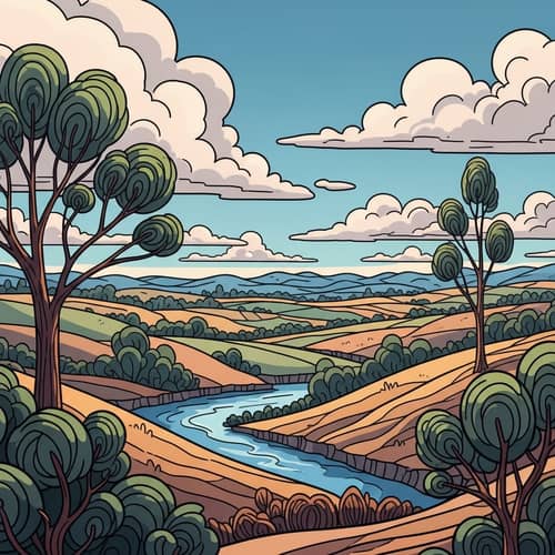 Surreal Nature Illustration with Rolling Hills and Dream-Like Clouds