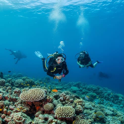 Underwater Adventure: South Asian and Caucasian Divers Amid Marine Life