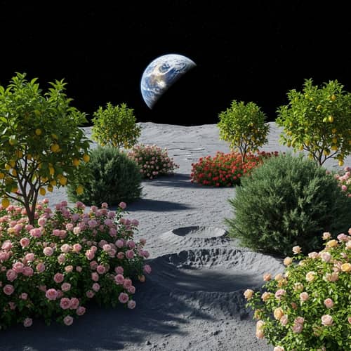 Surreal Moon Garden: Lemon Trees, Roses, and Junipers