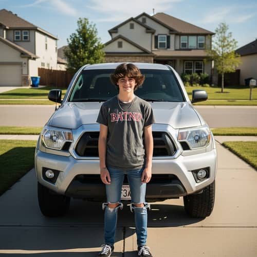 Smiling Teenage Boy with Curly Hair by Silver Toyota Tacoma