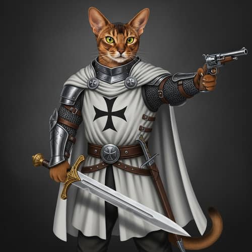 Abyssinian Cat in Chain Armor: Feline Warrior with Sword and Gun