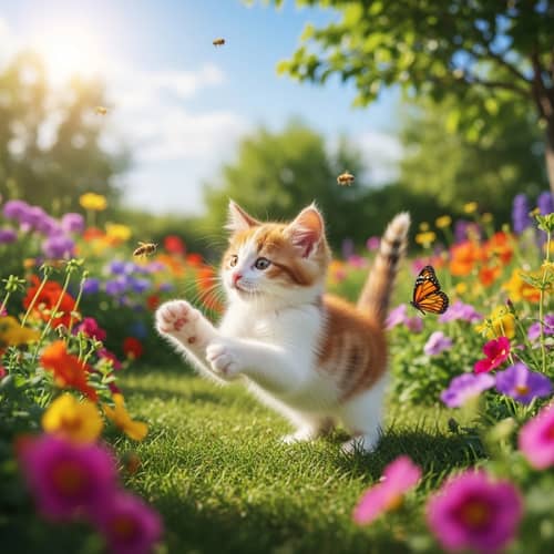 Adorable Kitten Playing Joyously in Sunny Garden