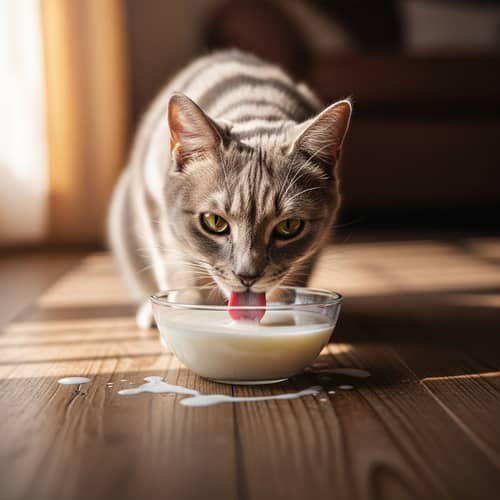 Domestic Cat Lapping Up Milk in Cozy Sunlit Setting