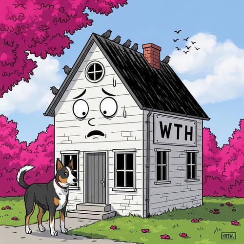 Adorable Black and White Bungalow with Concerned Cattle Dog | W T H Signage
