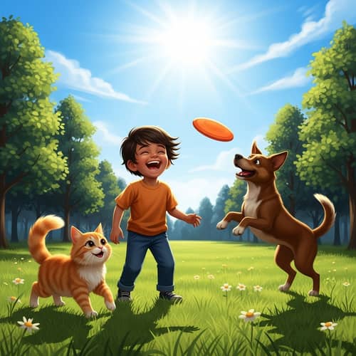 Joyful Interaction in Open Meadow: Boy, Cat & Dog Playing