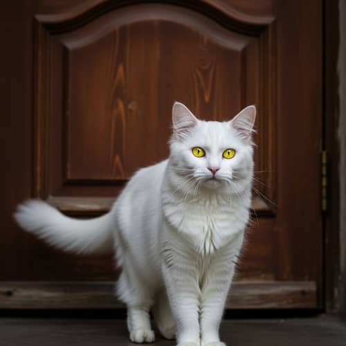 Exquisite French Angora White Cat Stands Before Antique Wooden Door