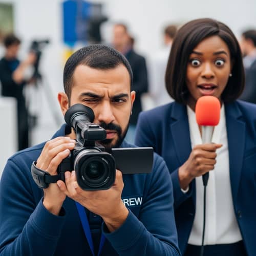 South Asian Cameraman & Black Female Reporter in Live Broadcast