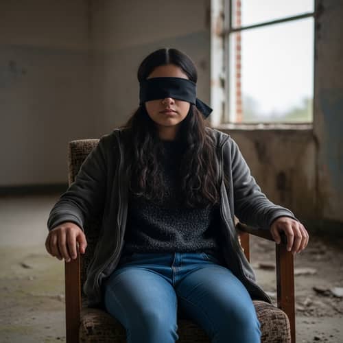 Hispanic Teenage Girl in Abandoned Building with Blindfold