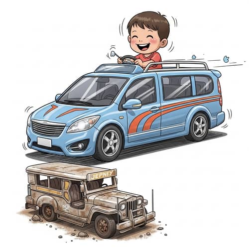 Filipino Child Joyously Steering Modern Jeepney - Editorial Cartoon