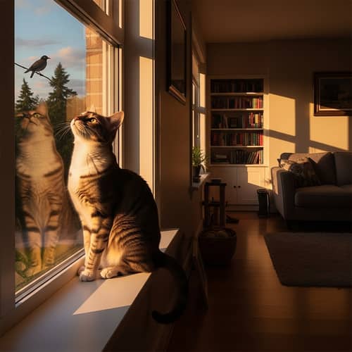 Sleek Cat Watching Sunset with Focused Eyes
