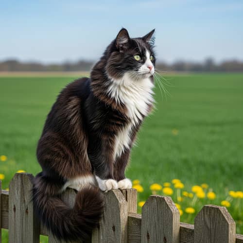 Fluffy Black and White Cat Sitting on Wooden Fence