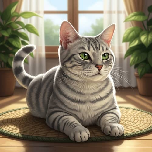 Silver Grey Domestic Cat Resting on Woven Mat