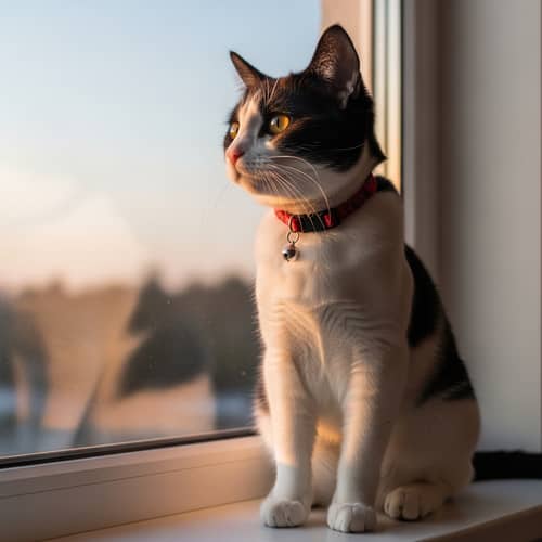 Sunlit Cat Sitting on Windowsill | Serene Pastel Sunset View