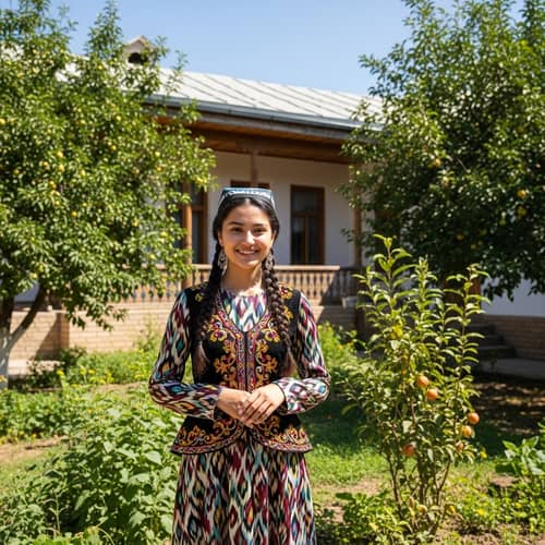 Uzbek Girl in Traditional Yard: Beauty of Uzbek Culture Captured