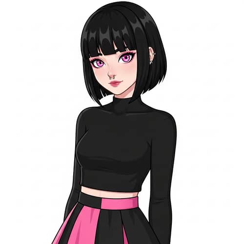 Anime Style Girl with Pink Eyes and Black Hair | Intriguing Artwork
