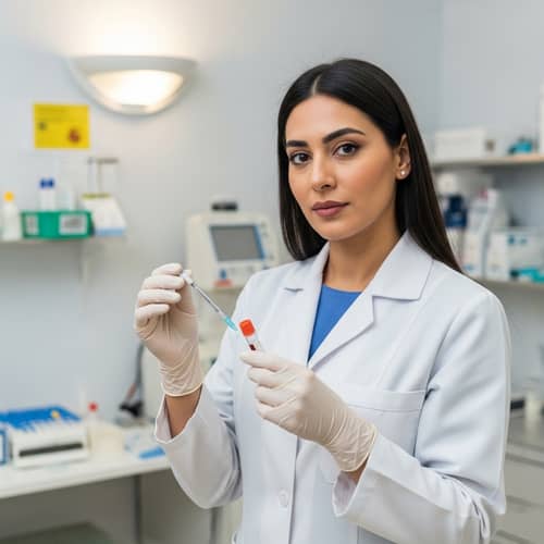 Experienced Middle-Eastern Female Phlebotomist in Healthcare Setting