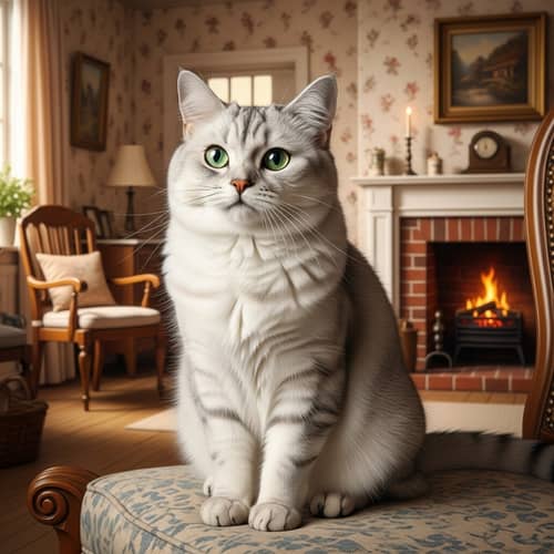 Luxurious Silver and White Cat on Vintage Chair