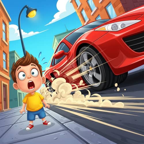 Surprised Child Watches Fast Car Rush By | Safety Scenario
