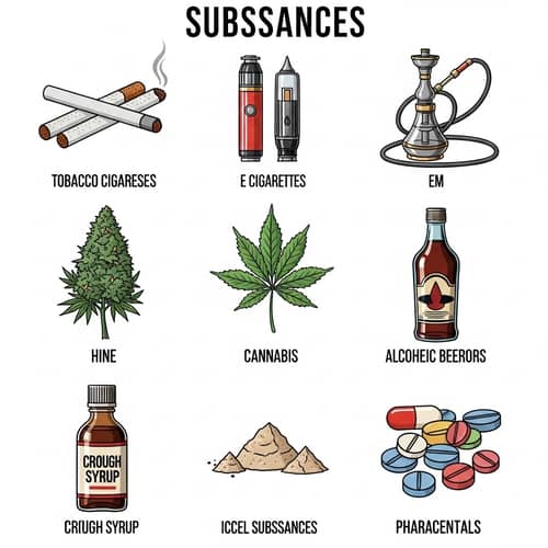 Substance Collage: Tobacco, E-cigarettes, Hookah, Cannabis, Alcohol, Pharmaceuticals