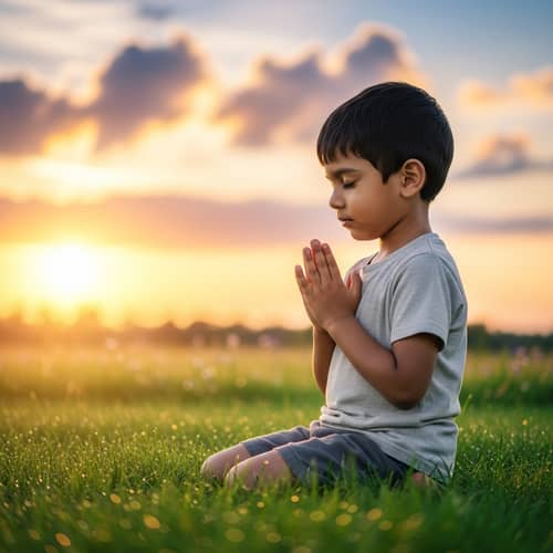 Peaceful South Asian Boy Praying on Green Grass Under Sunset Sky