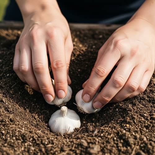 Detailed Macro Image: Planting Garlic Bulbs into Fertile Soil